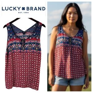 Lucky Brand Tank Top Shirt Tunic Sz 1X 16 18 Red Blue Boho Revival Festival
